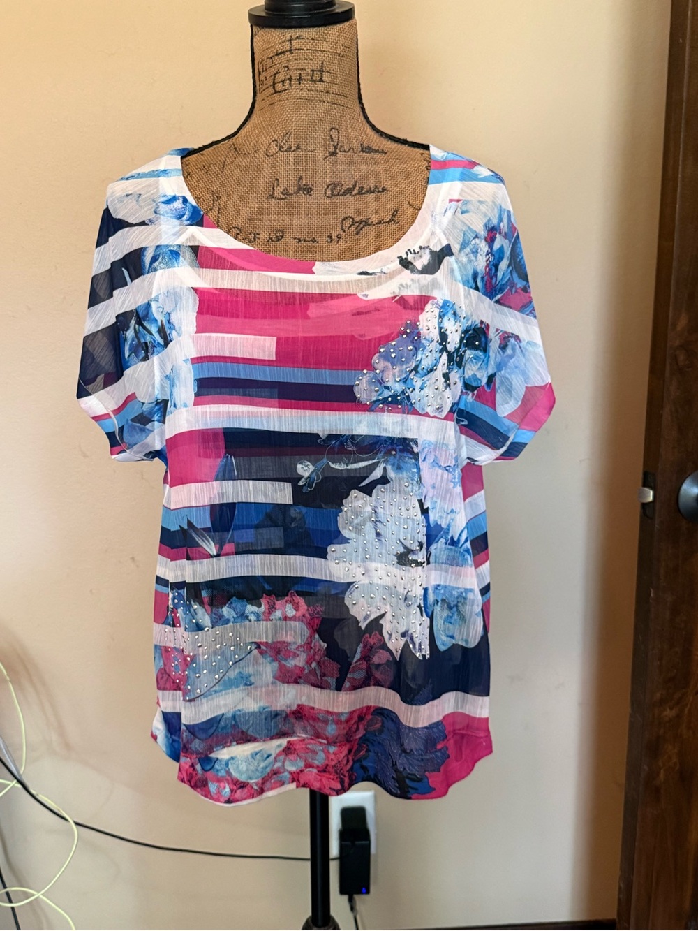 Style & Co. Pink, Blue & White Striped Floral Short Sleeve Top